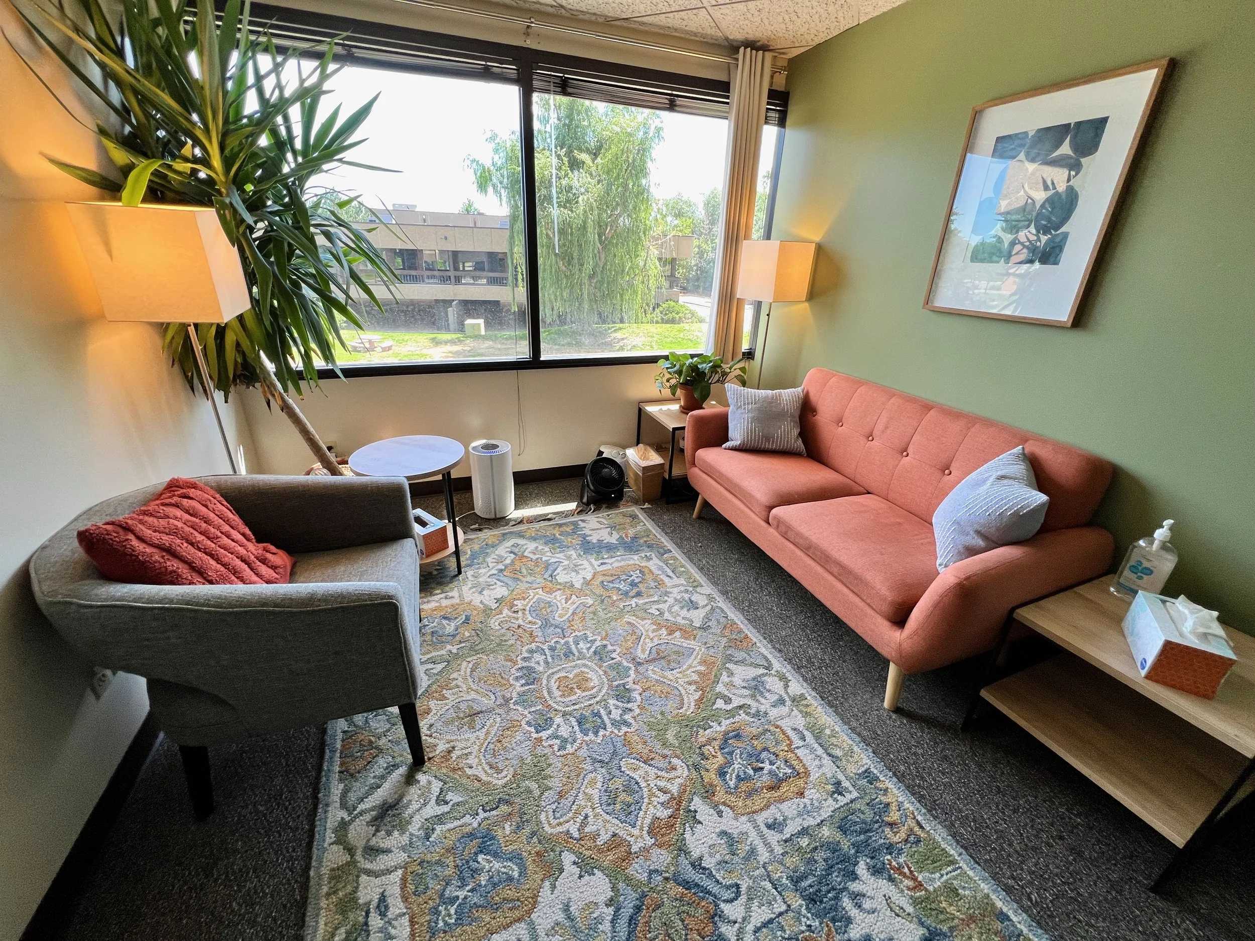 Warm therapy room with coral sofa, gray armchair, colorful rug, and greenery at Ashton Mental Health
